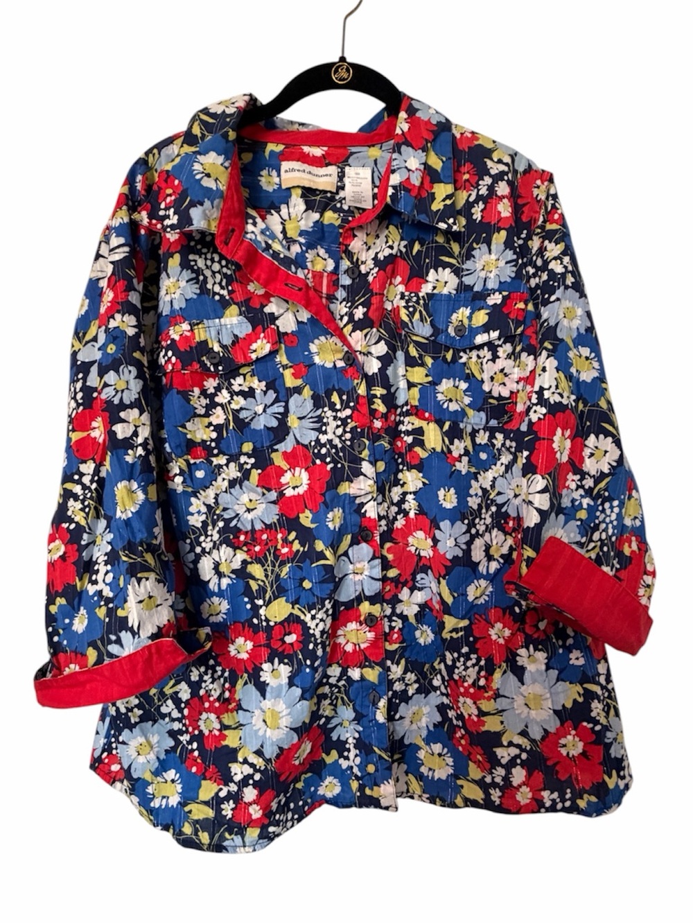 Women Floral Button-Up Shirt with Red Trim
